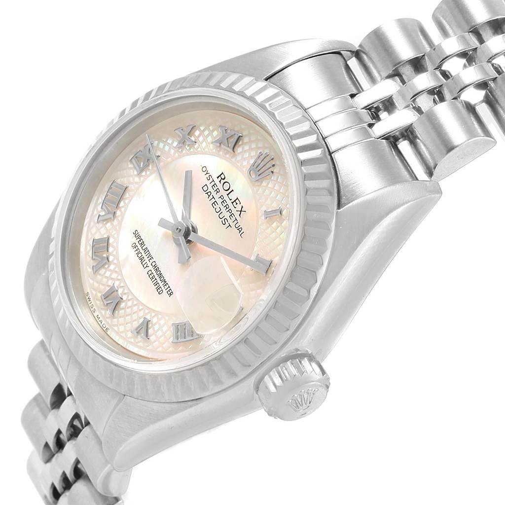 This image shows a close-up, side-angle view of a Rolex Datejust 79174 Women's Stainless Steel Mother of Pearl Dial 79174 Women's Stainless Steel Mother of Pearl Dial watch, highlighting its dial, bezel, crown, and part of the bracelet.