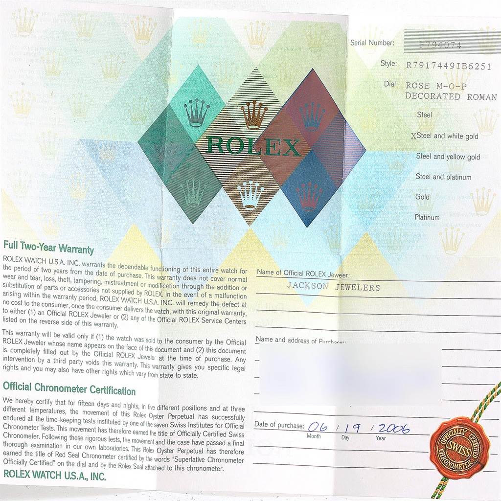 This image shows the warranty card and certification for a Rolex Datejust 79174 Women's Stainless Steel Mother of Pearl Dial 79174 Women's Stainless Steel Mother of Pearl Dial model watch.