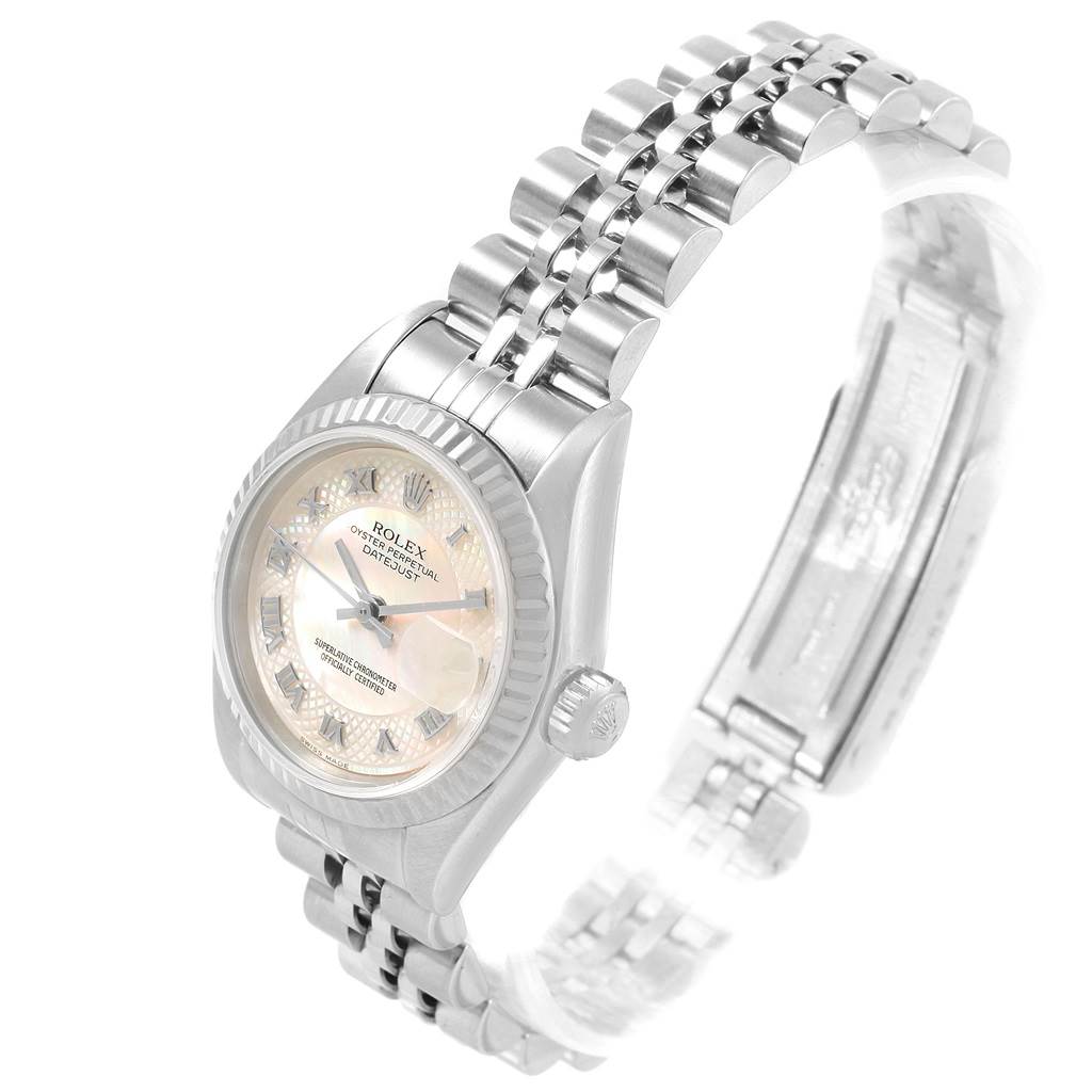 The image shows a Rolex Datejust 79174 Women's Stainless Steel Mother of Pearl Dial 79174 Women's Stainless Steel Mother of Pearl Dial watch from a front-side angle, focusing on the dial, bezel, and part of the bracelet.