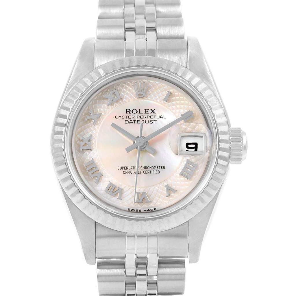 This image shows a front view of a Rolex Datejust 79174 Women's Stainless Steel Mother of Pearl Dial 79174 Women's Stainless Steel Mother of Pearl Dial watch, showcasing its face, bezel, and bracelet.
