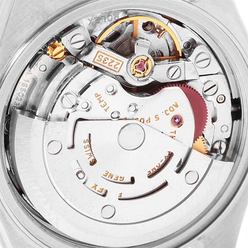 The image showcases the internal movement mechanism of a Rolex Datejust 79174 Women's Stainless Steel Mother of Pearl Dial 79174 Women's Stainless Steel Mother of Pearl Dial watch at a close-up angle.