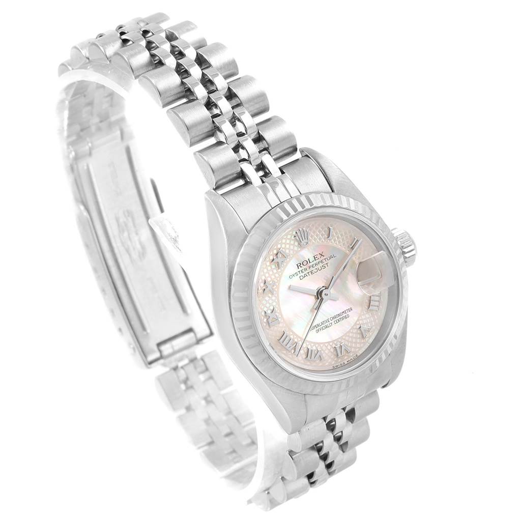 This image shows a side angle of a Rolex Datejust 79174 Women's Stainless Steel Mother of Pearl Dial 79174 Women's Stainless Steel Mother of Pearl Dial watch, featuring the face, bezel, and bracelet.