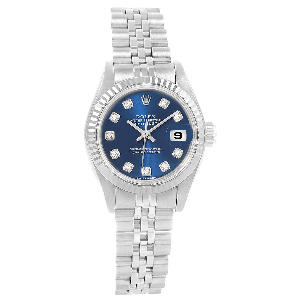 The image shows a front view of a Rolex Datejust 79174 Women's Stainless Steel Blue Dial 79174 Women's Stainless Steel Blue Dial watch, displaying its blue dial, hour markers, date window, and metal bracelet.
