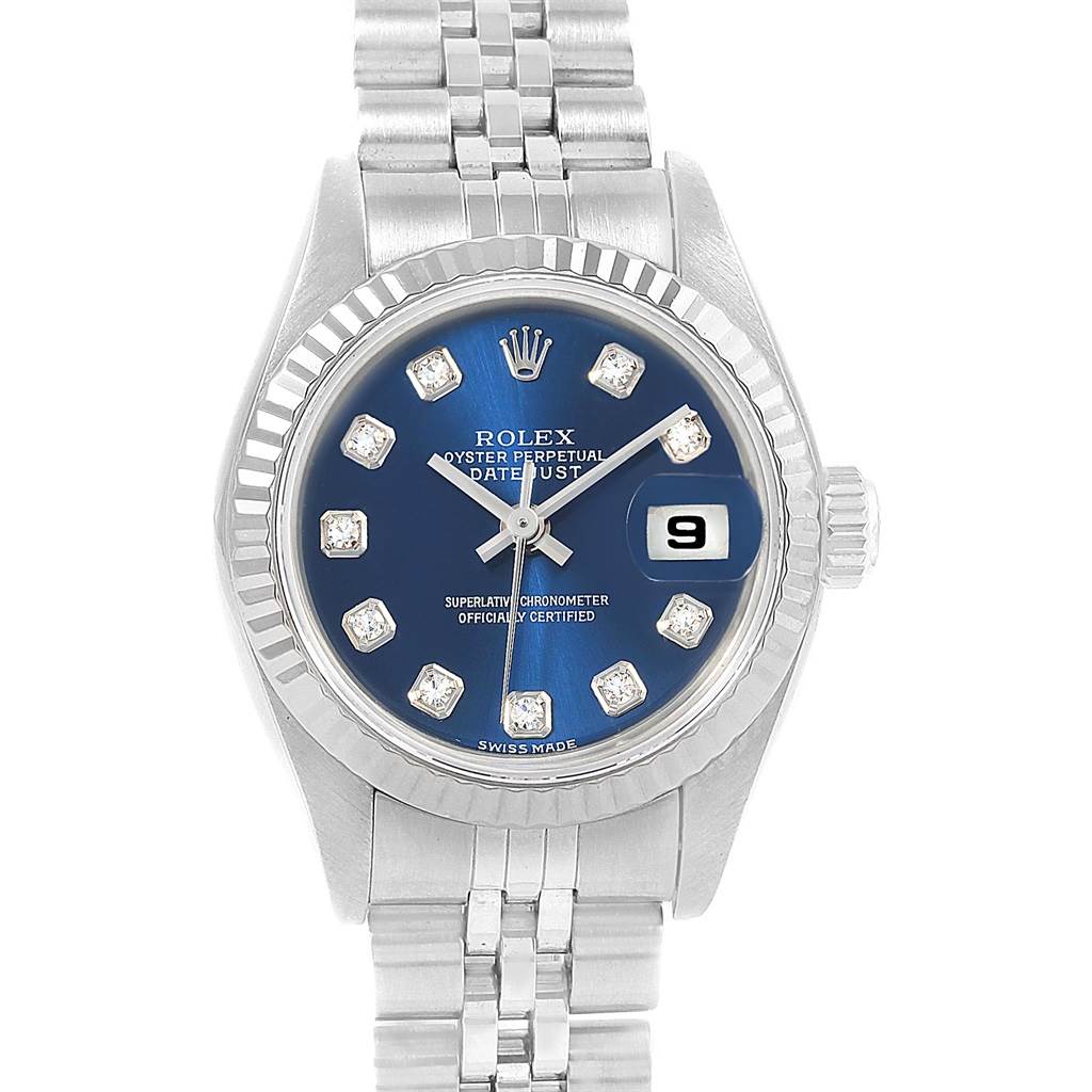 This image shows a front view of a Rolex Datejust 79174 Women's Stainless Steel Blue Dial 79174 Women's Stainless Steel Blue Dial watch with a blue dial and diamond hour markers.