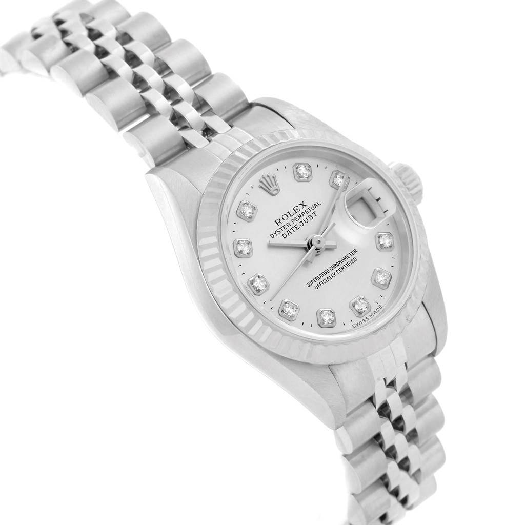 This Rolex Datejust 79174 Women
s Stainless Steel Silver Dial 79174 Women
s Stainless Steel Silver Dial watch is shown from a front-left angle, highlighting the face, crown, and bracelet.