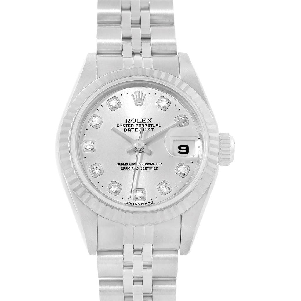 This image shows a front view of the Rolex Datejust 79174 Women
s Stainless Steel Silver Dial 79174 Women
s Stainless Steel Silver Dial watch featuring its face, bezel, and bracelet.