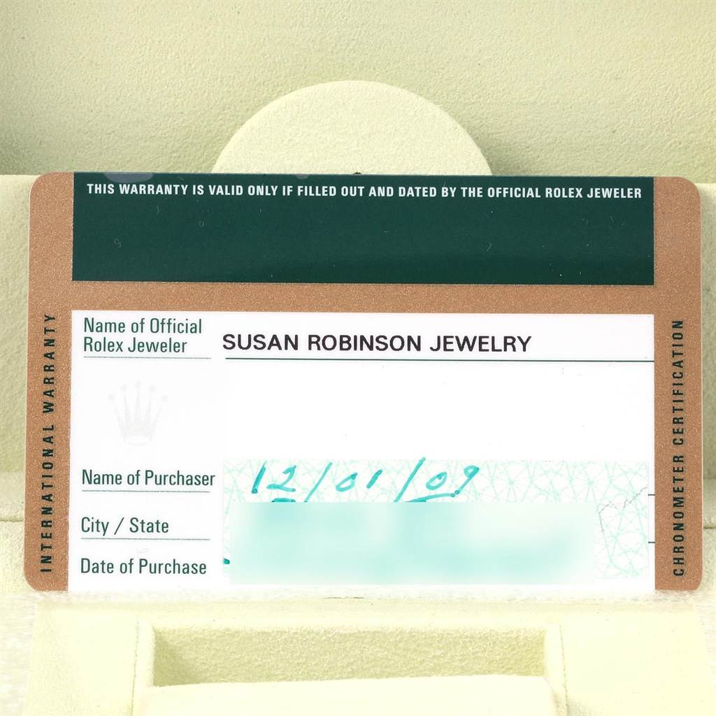 This image displays an official warranty card for a Rolex Datejust 179174 Women
s Stainless Steel Silver Dial 179174 Women
s Stainless Steel Silver Dial watch.