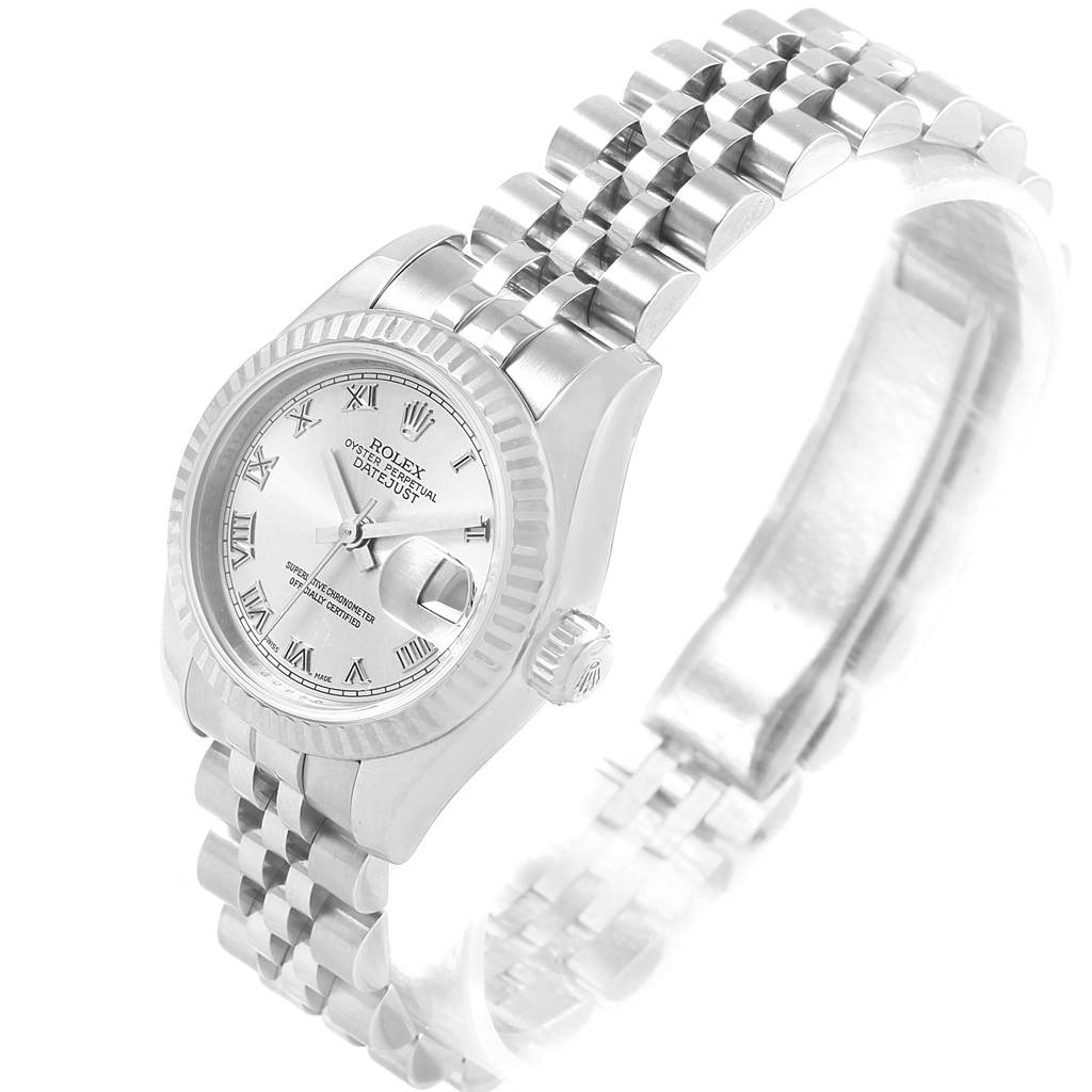 The Rolex Datejust 179174 Women
s Stainless Steel Silver Dial 179174 Women
s Stainless Steel Silver Dial watch is shown at a slight angle, highlighting the dial, bracelet, crown, and fluted bezel.