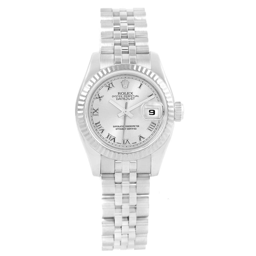 This is a front view of a Rolex Datejust 179174 Women
s Stainless Steel Silver Dial 179174 Women
s Stainless Steel Silver Dial watch, showing the face, date window, and bracelet.