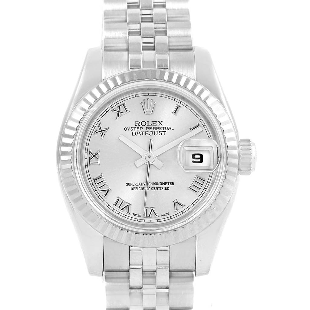 This image shows a front view of the Rolex Datejust 179174 Women
s Stainless Steel Silver Dial 179174 Women
s Stainless Steel Silver Dial watch, featuring its silver dial, roman numerals, date window, and stainless steel bracelet.