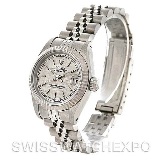 The image shows a Rolex Datejust 69174 Women's Stainless Steel Silver Dial 69174 Women's Stainless Steel Silver Dial watch from an angled view, highlighting its face, crown, and bracelet.