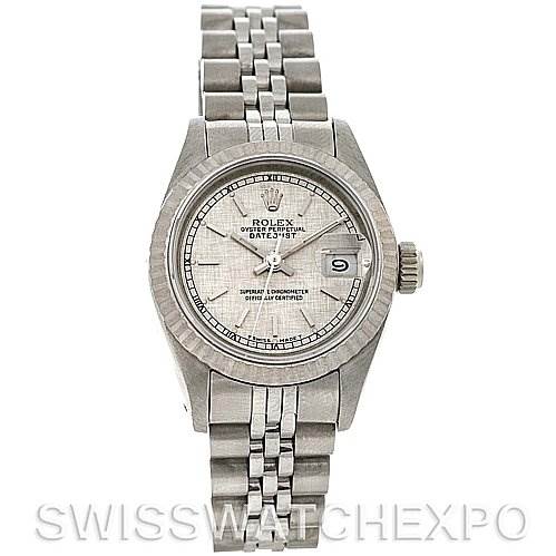 This Rolex Datejust 69174 Women's Stainless Steel Silver Dial 69174 Women's Stainless Steel Silver Dial watch is shown from a top-down angle, displaying the face, bezel, crown, and bracelet.