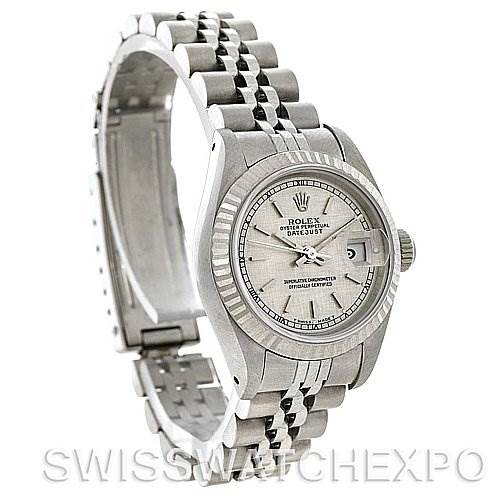 The image shows a Rolex Datejust 69174 Women's Stainless Steel Silver Dial 69174 Women's Stainless Steel Silver Dial watch at a three-quarter angle, highlighting the dial, fluted bezel, and Jubilee bracelet.