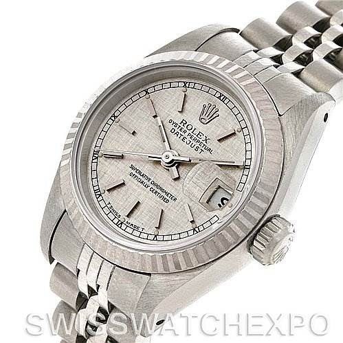 The image shows a Rolex Datejust 69174 Women's Stainless Steel Silver Dial 69174 Women's Stainless Steel Silver Dial watch from a three-quarter angle, highlighting the face, bezel, crown, and part of the bracelet.