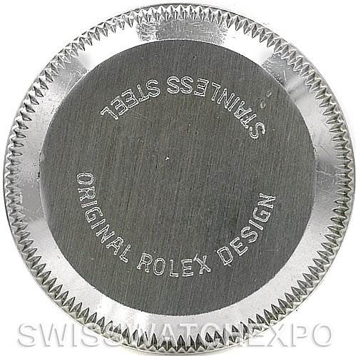 This image shows the case back of a Rolex Datejust 69174 Women's Stainless Steel Silver Dial 69174 Women's Stainless Steel Silver Dial watch, emphasizing the "Stainless Steel" and "Original Rolex Design" engravings.