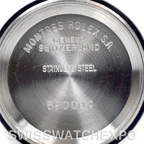 The image shows the back of a Rolex Datejust 69174 Women's Stainless Steel Silver Dial 69174 Women's Stainless Steel Silver Dial watch, displaying its engravings and stainless steel back cover.