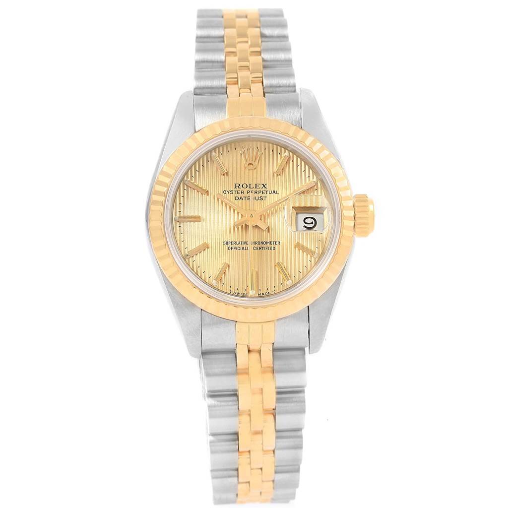 The image shows a frontal view of a Rolex Datejust 69173 Women's Stainless Steel Champagne Dial 69173 Women's Stainless Steel Champagne Dial watch, highlighting its two-tone bracelet, gold bezel, and champagne dial.