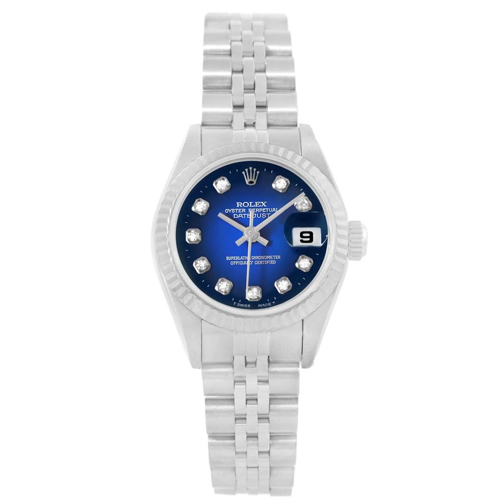 The image shows a Rolex 79174 Men's Stainless Steel Blue Dial 79174 Men's Stainless Steel Blue Dial Datejust Steel White Gold Blue Diamond Dial Ladies Watch 79174, viewed from the front.