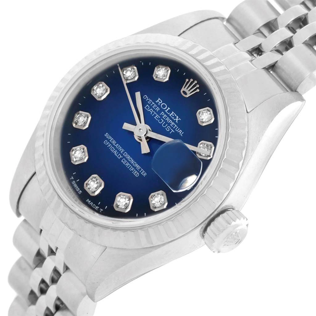 The image shows a close-up, angled view of the dial, case, and part of the bracelet of the Rolex 79174 Men's Stainless Steel Blue Dial 79174 Men's Stainless Steel Blue Dial Datejust Steel White Gold Blue Diamond Dial Ladies Watch 79174.