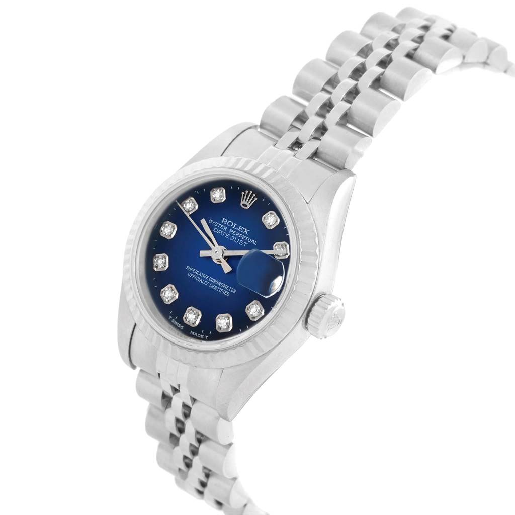 This image shows a Rolex 79174 Men's Stainless Steel Blue Dial 79174 Men's Stainless Steel Blue Dial Datejust Steel White Gold Blue Diamond Dial Ladies Watch 79174 from an angled top view, highlighting the dial, bezel, and bracelet.