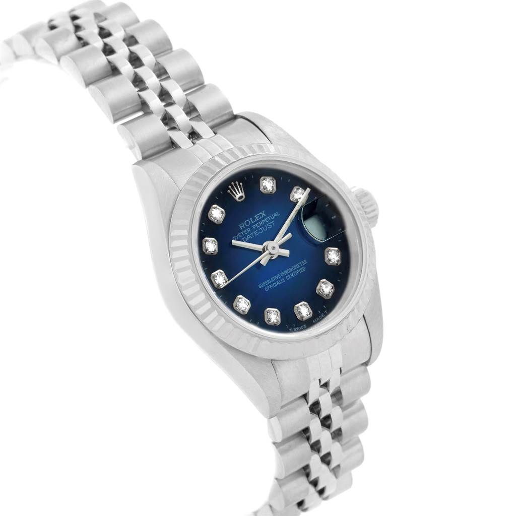 The image shows a side angle of the Rolex 79174 Men's Stainless Steel Blue Dial 79174 Men's Stainless Steel Blue Dial Datejust Steel White Gold Blue Diamond Dial Ladies Watch 79174, highlighting its dial and bracelet.