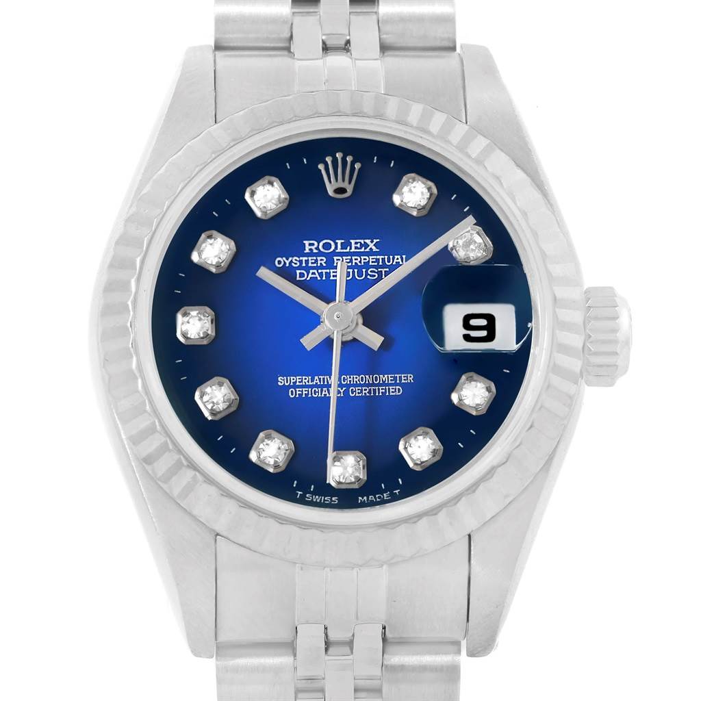 The image shows a front view of the Rolex 79174 Men's Stainless Steel Blue Dial 79174 Men's Stainless Steel Blue Dial Datejust Steel White Gold Blue Diamond Dial Ladies Watch 79174 model.