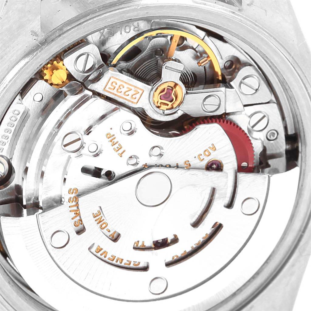 This image shows the internal movement components of a Rolex Datejust 79174 Women
s Stainless Steel Blue Dial 79174 Women
s Stainless Steel Blue Dial watch from a close-up, top-down angle.