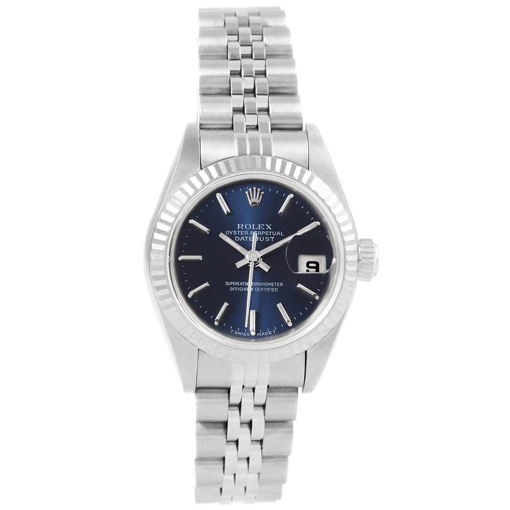 This image shows a Rolex Datejust 79174 Women
s Stainless Steel Blue Dial 79174 Women
s Stainless Steel Blue Dial watch from the front, highlighting its clasp, dial, hands, date window, bezel, and bracelet.