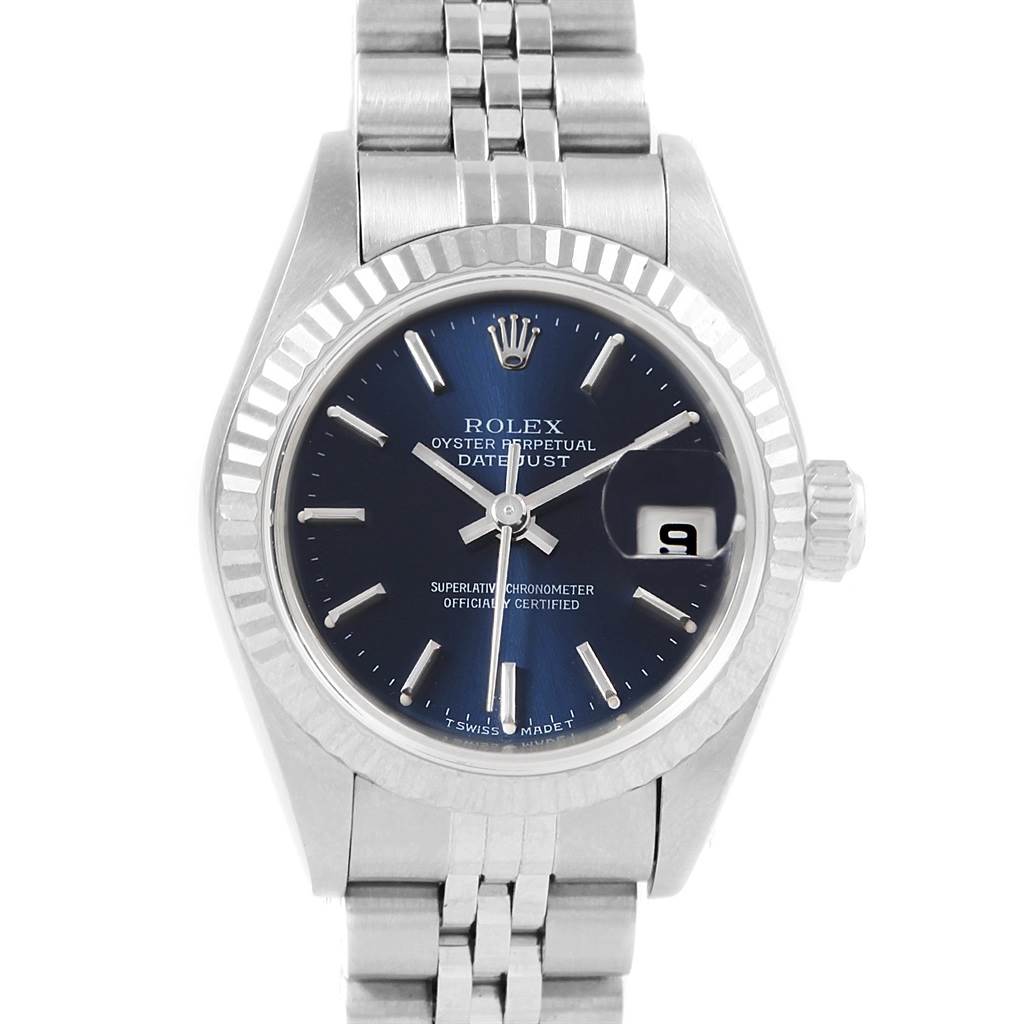 This image shows a frontal view of a Rolex Datejust 79174 Women
s Stainless Steel Blue Dial 79174 Women
s Stainless Steel Blue Dial watch, highlighting the dial, date window, and bracelet.