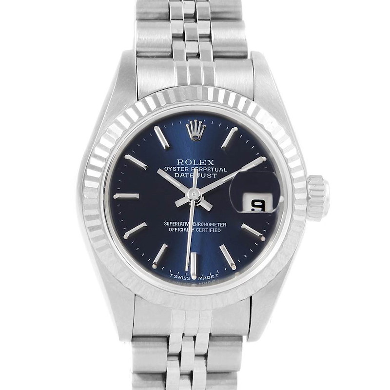 Rolex Datejust Ladies Steel White Gold Blue Dial Watch 79174 Box SwissWatchExpo