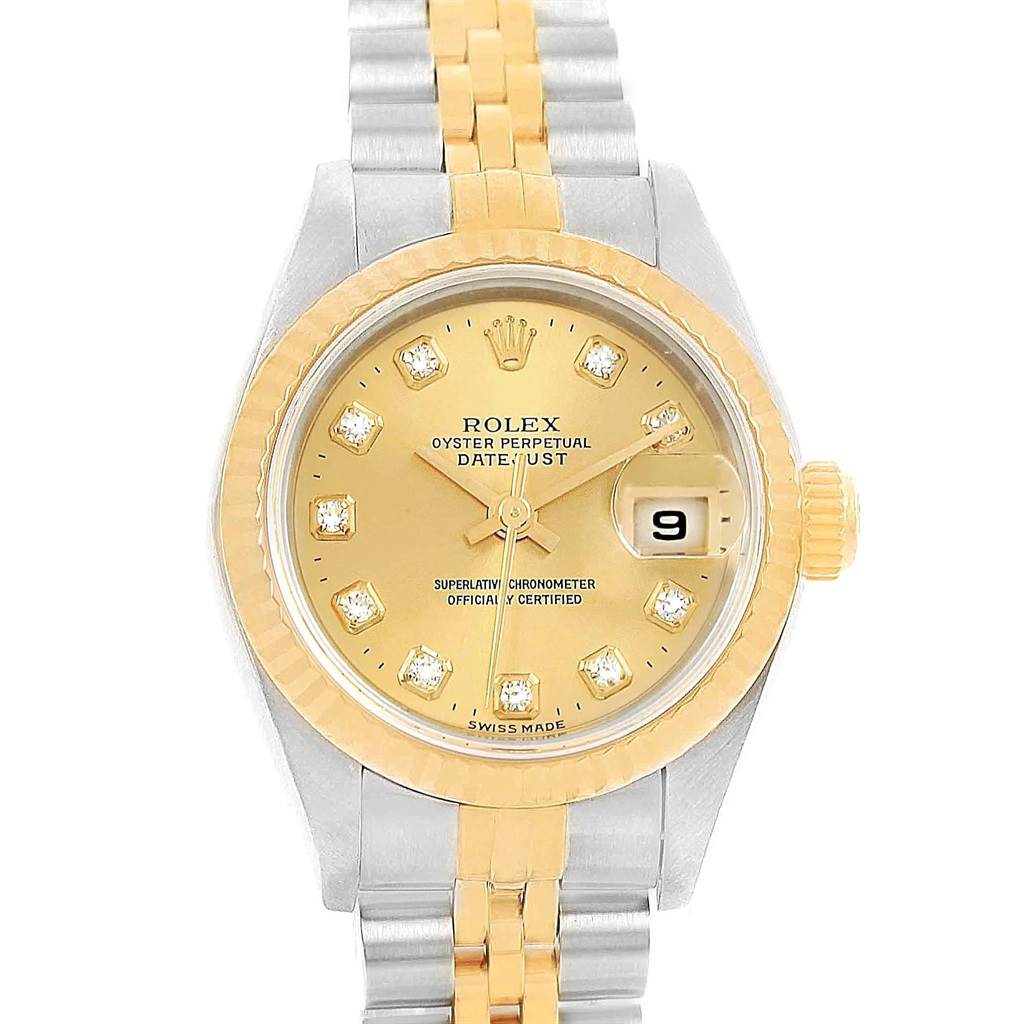 The Rolex Datejust 79173 Women's Stainless Steel Champagne Dial 79173 Women's Stainless Steel Champagne Dial model watch is shown from a top view, highlighting its dial, bezel, hands, date window, and bracelet.