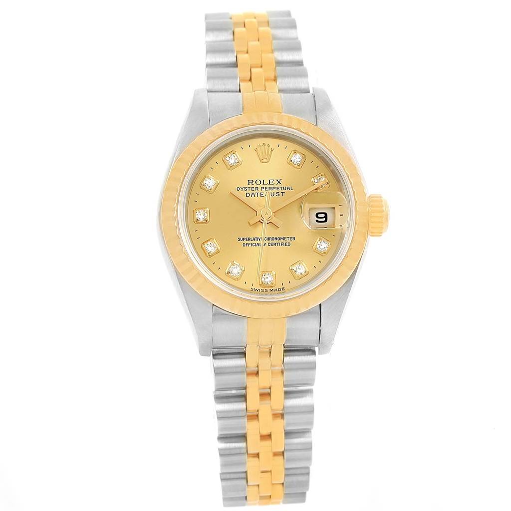 The image shows a Rolex Datejust 79173 Women's Stainless Steel Champagne Dial 79173 Women's Stainless Steel Champagne Dial watch from the front, displaying its dial, bezel, bracelet, and date window.