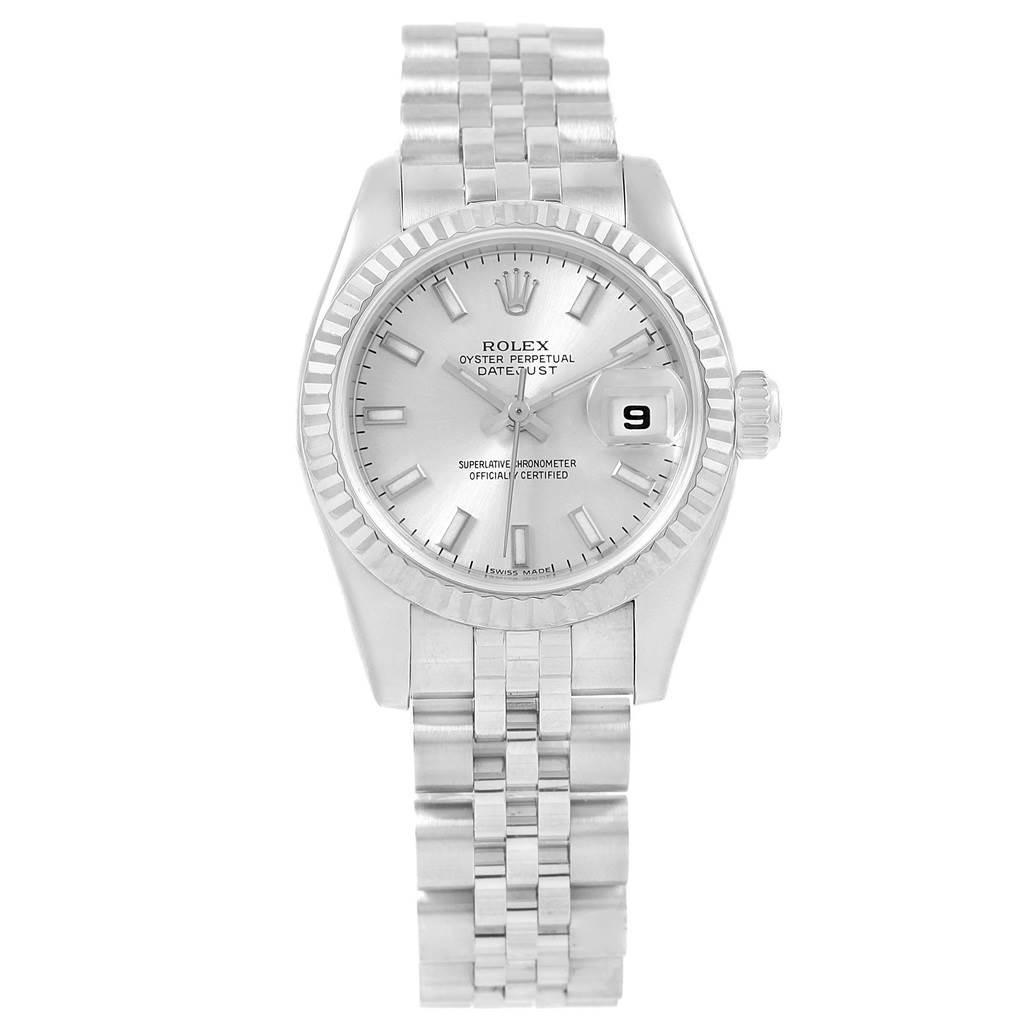 The image shows a Rolex Datejust 179174 Women's Stainless Steel Silver Dial 179174 Women's Stainless Steel Silver Dial watch, featuring the face, bezel, crown, and part of the bracelet, viewed from the front.