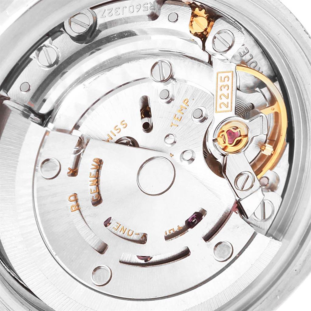 This image shows a close-up view of the movement of a Rolex Datejust 179174 Women's Stainless Steel Silver Dial 179174 Women's Stainless Steel Silver Dial watch, highlighting its intricate internal components and mechanisms.