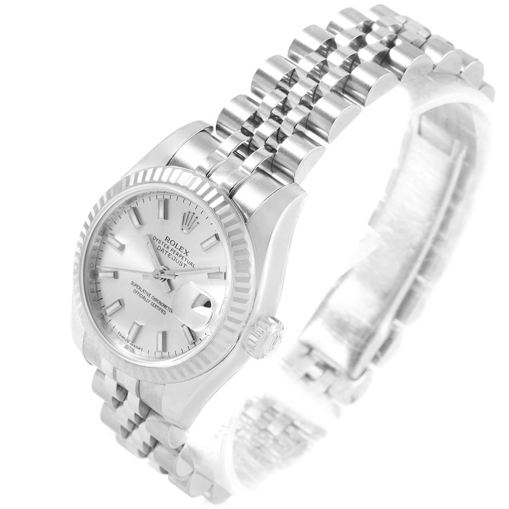 The image shows a Rolex Datejust 179174 Women's Stainless Steel Silver Dial 179174 Women's Stainless Steel Silver Dial watch angled from the upper left, featuring its face, bezel, crown, and bracelet.