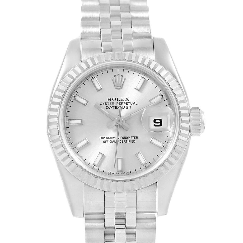The image shows a frontal view of the Rolex Datejust 179174 Women's Stainless Steel Silver Dial 179174 Women's Stainless Steel Silver Dial watch, highlighting the dial, bezel, and bracelet.