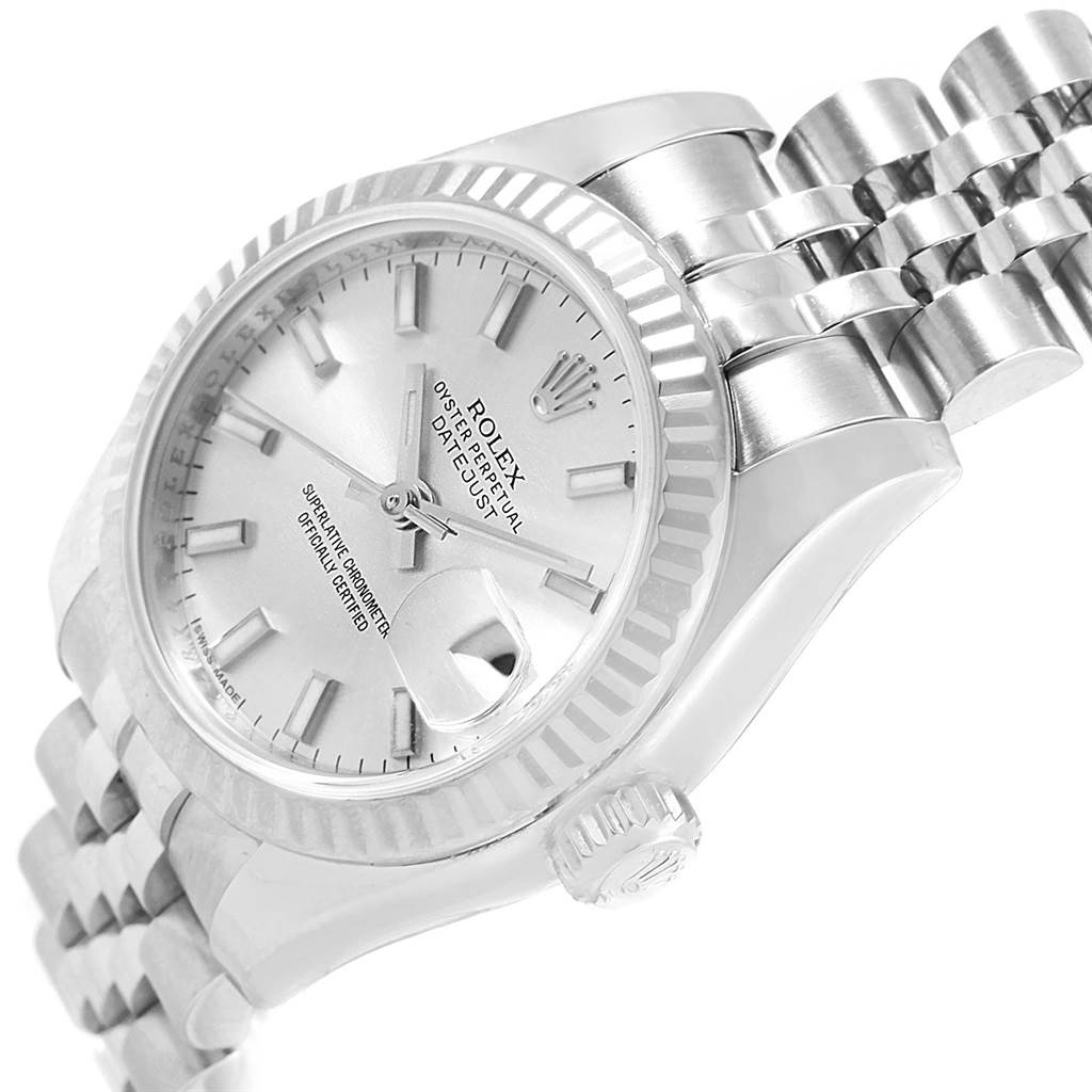 This image shows a Rolex Datejust 179174 Women's Stainless Steel Silver Dial 179174 Women's Stainless Steel Silver Dial watch at a slight angle, revealing the dial, bezel, crown, and a portion of the bracelet.