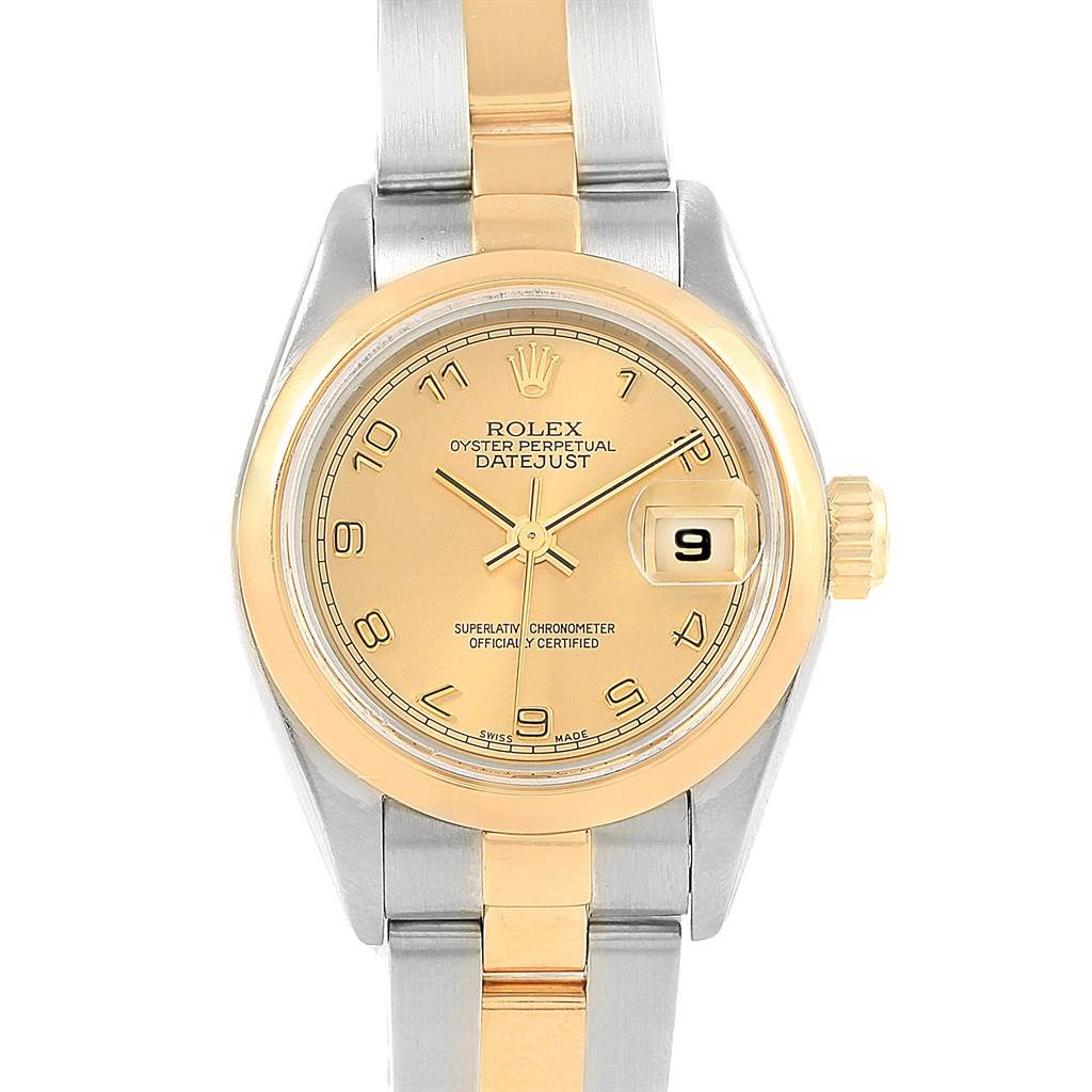 This image shows a front view of the Rolex Datejust 79163 Women's Steel and Gold (two tone) Champagne Dial 79163 Women's Steel and Gold (two tone) Champagne Dial watch, highlighting the face, bezel, and bracelet.