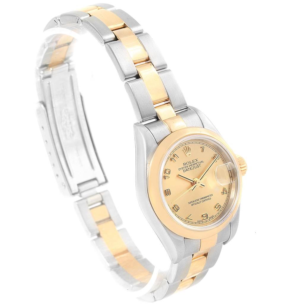 The image shows a Rolex Datejust 79163 Women's Steel and Gold (two tone) Champagne Dial 79163 Women's Steel and Gold (two tone) Champagne Dial watch at a side angle, highlighting the dial, bezel, and two-tone bracelet.