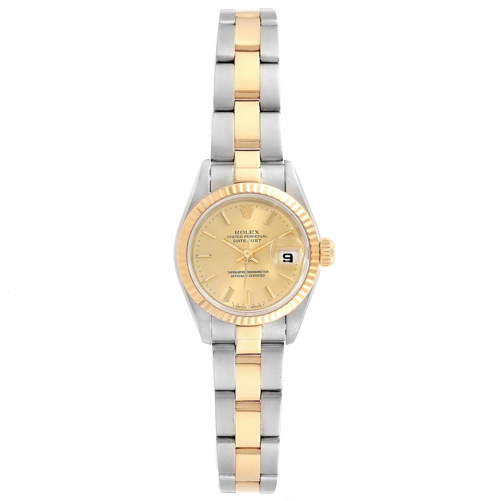 This image shows a Rolex Datejust 69173 Women's Steel and Gold (two tone) Champagne Dial 69173 Women's Steel and Gold (two tone) Champagne Dial model watch from a top-down angle, showcasing its two-tone bracelet, dial, and date display.