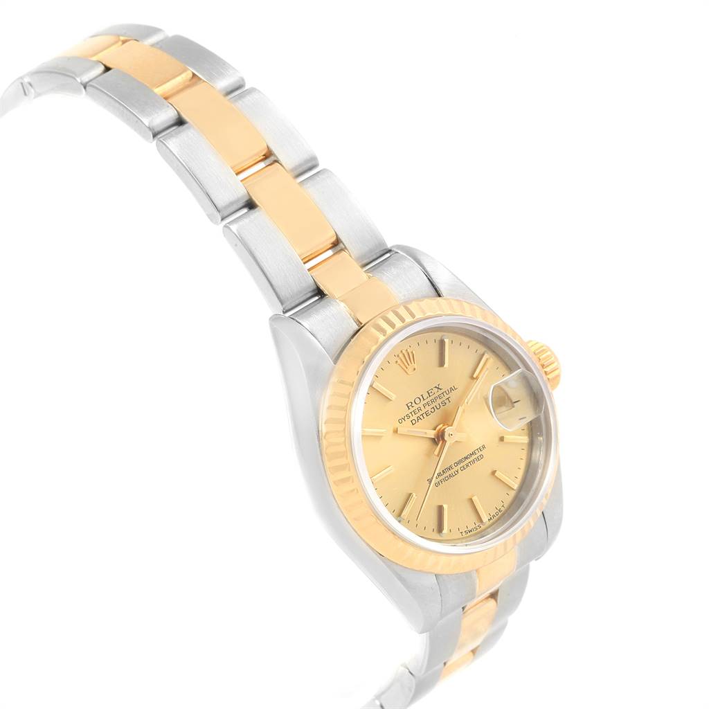 The image shows a side-angle view of a Rolex Datejust 69173 Women's Steel and Gold (two tone) Champagne Dial 69173 Women's Steel and Gold (two tone) Champagne Dial watch, displaying its dial, bezel, and bracelet.