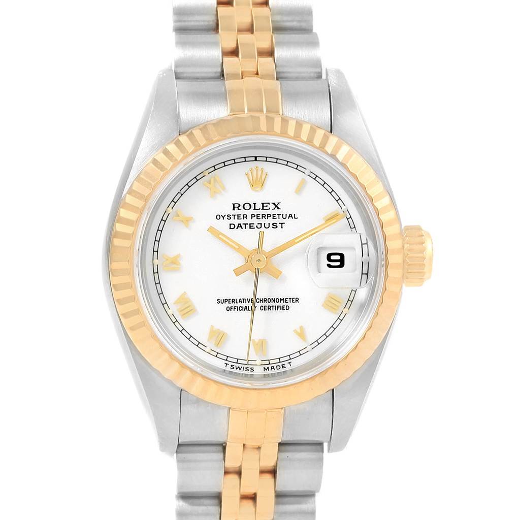 This Rolex Datejust 69173 Women
s Stainless Steel White Dial 69173 Women
s Stainless Steel White Dial watch is shown from a front angle, highlighting its dial, bezel, and part of the bracelet.