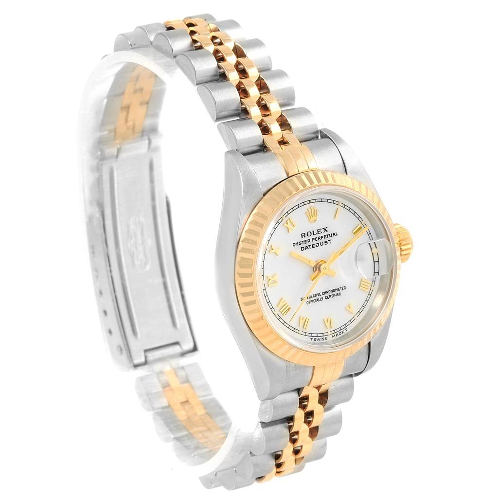This image shows a Rolex Datejust 69173 Women
s Stainless Steel White Dial 69173 Women
s Stainless Steel White Dial watch angled to display its face, bezel, and bi-metal Jubilee bracelet.