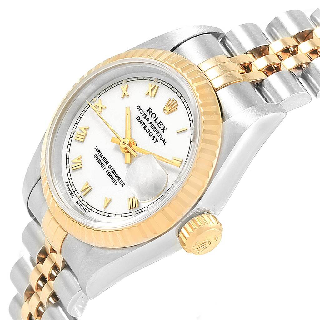 This image shows the Rolex Datejust 69173 Women
s Stainless Steel White Dial 69173 Women
s Stainless Steel White Dial watch from an angled view, highlighting the dial, bezel, crown, and bracelet.