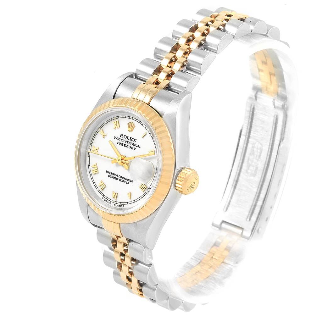 This image features a Rolex Datejust 69173 Women
s Stainless Steel White Dial 69173 Women
s Stainless Steel White Dial watch at a slight angle, showcasing the dial, bezel, and bracelet.