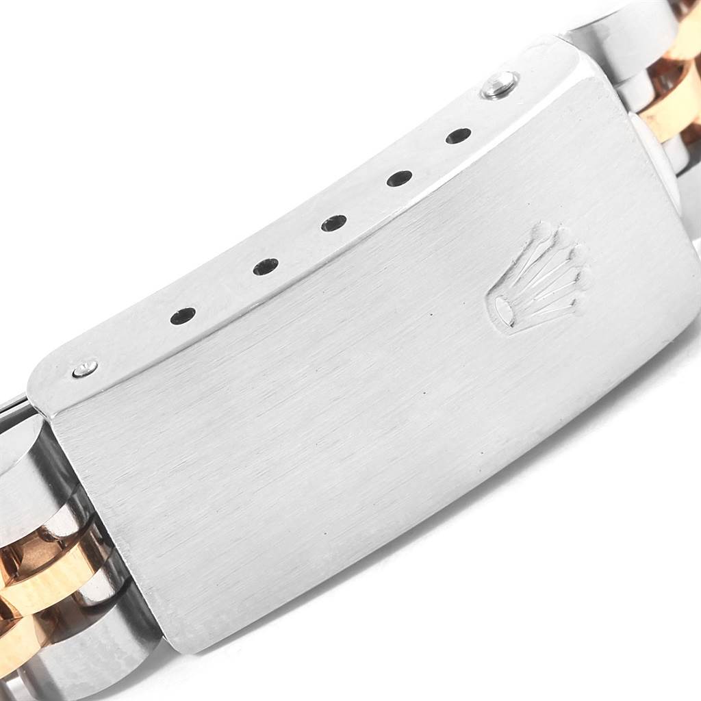 This image shows the clasp of a Rolex Datejust 69173 Women
s Stainless Steel White Dial 69173 Women
s Stainless Steel White Dial watch bracelet, featuring the brand
s iconic crown logo.