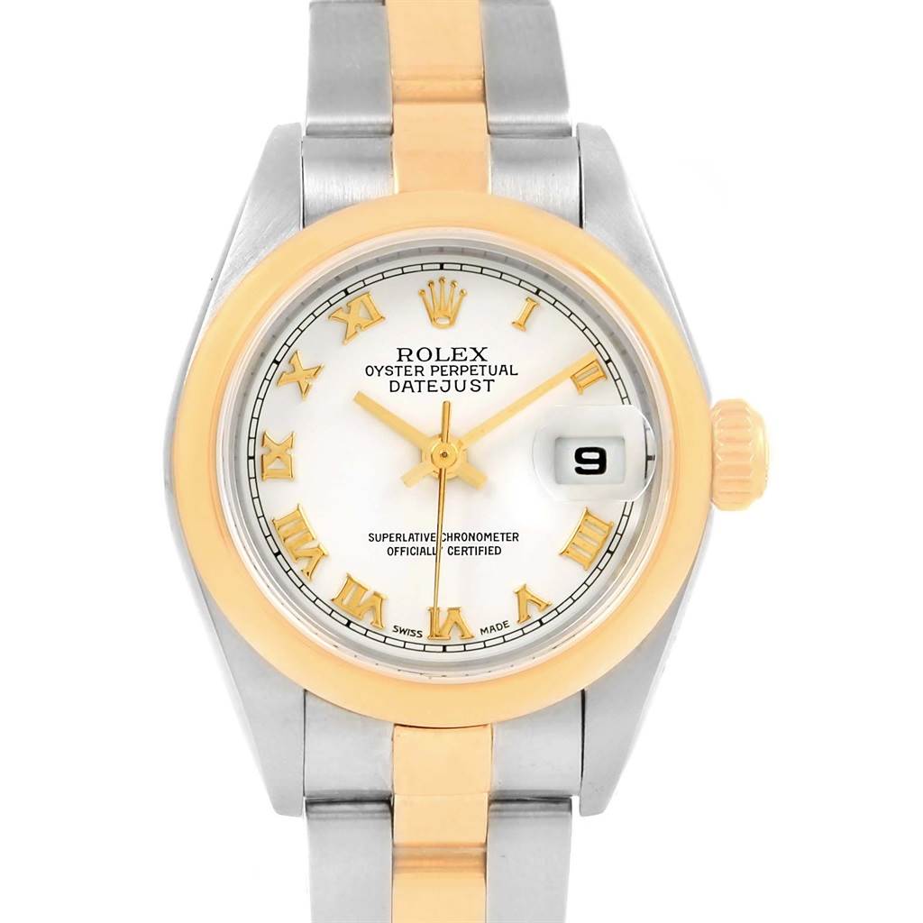 The image shows a Rolex Datejust 79163 Women's Steel and Gold (two tone) White Dial 79163 Women's Steel and Gold (two tone) White Dial watch from the front, highlighting the face, bezel, case, and bracelet.