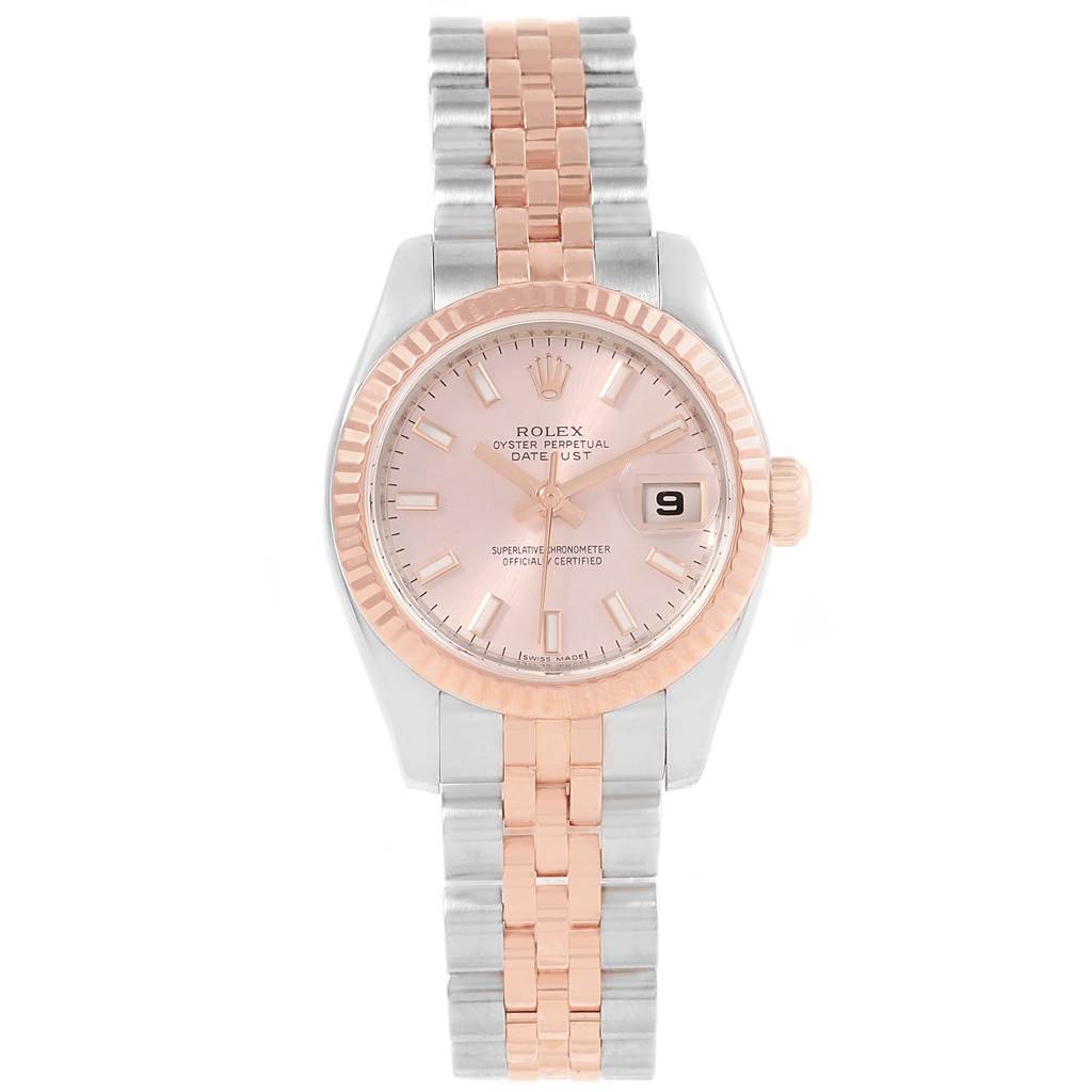 This Rolex Datejust 179171 Women's Steel and Gold (two tone) Pink Dial 179171 Women's Steel and Gold (two tone) Pink Dial model is shown from a front angle, displaying the face, bezel, and bracelet.