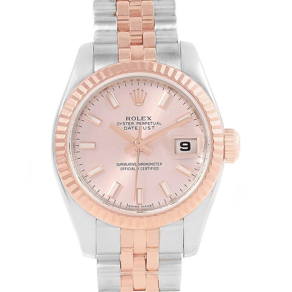 This image displays the dial, bezel, and Jubilee bracelet of a Rolex Datejust 179171 Women's Steel and Gold (two tone) Pink Dial 179171 Women's Steel and Gold (two tone) Pink Dial watch from a front angle.