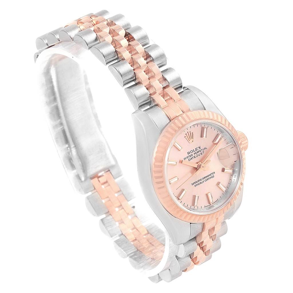 The image shows a side angle of a Rolex Datejust 179171 Women's Steel and Gold (two tone) Pink Dial 179171 Women's Steel and Gold (two tone) Pink Dial watch, highlighting the rose gold and silver bracelet and the pink dial.